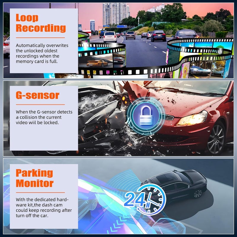 AMprime 9.66" Mirror Dash Cam,1080P Touchscreen Rear View Mirror Front and Rear View Dual Cameras,Super Night Vision,G-Sensor,Loop Recording,Parking Assistance,24H Parking Monitor,HD Waterproof Backup Camera - Image 4